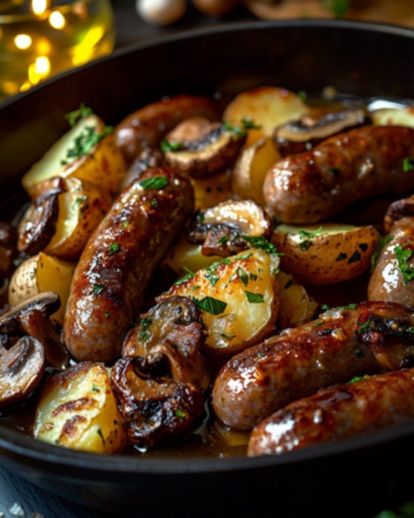 Saucisses, Champignons et Pommes de Terre au Four