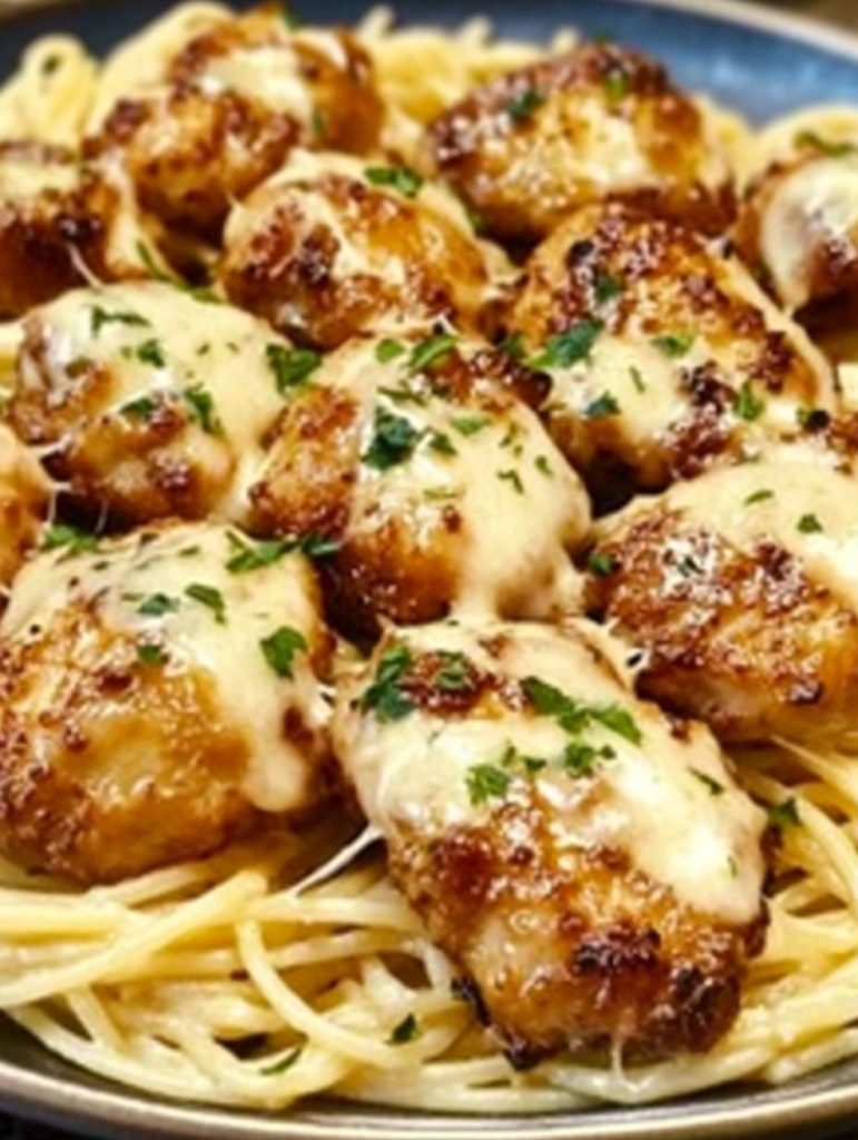 Bouchées de Poulet au Beurre d’Ail avec des Pâtes Crémeuses au Parmesan