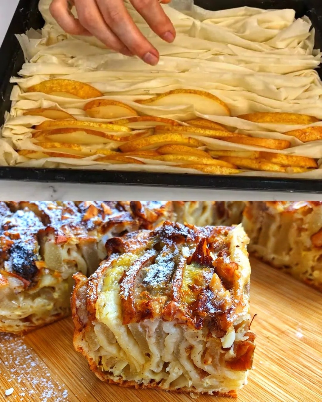 Pâte filo aux poires, noix et raisins secs